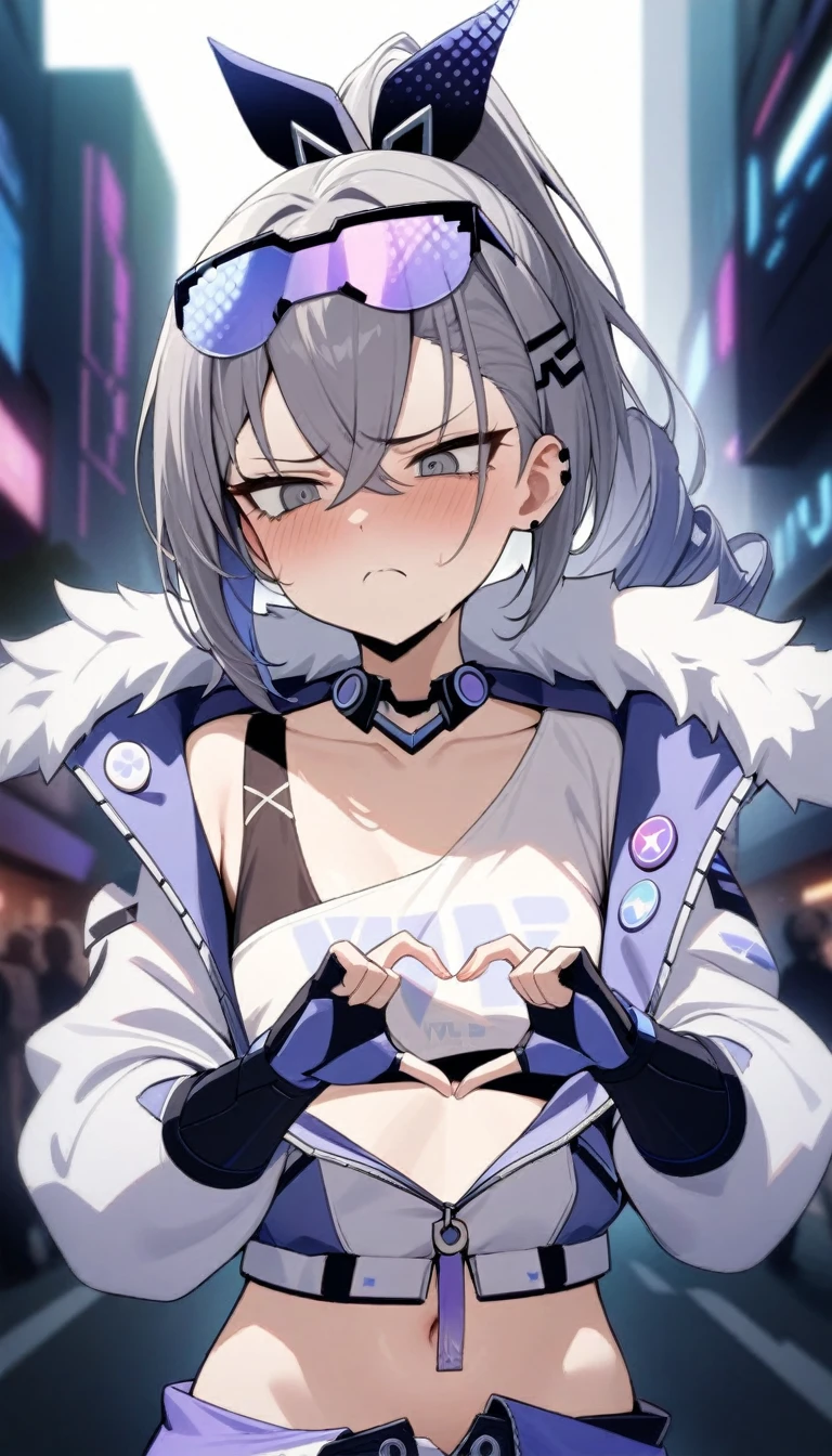 masterpiece, best quality, very aesthetic, absurd, up to date,1 Girl,Upper Body, (despise, disgust,Shadowed side,Looking at the audience,frown),Heart gesture,,silver wolf, Gray eyes, High Ponytail, Cyberpunk, White top, Open belly, shorts, Fur coat,on the street