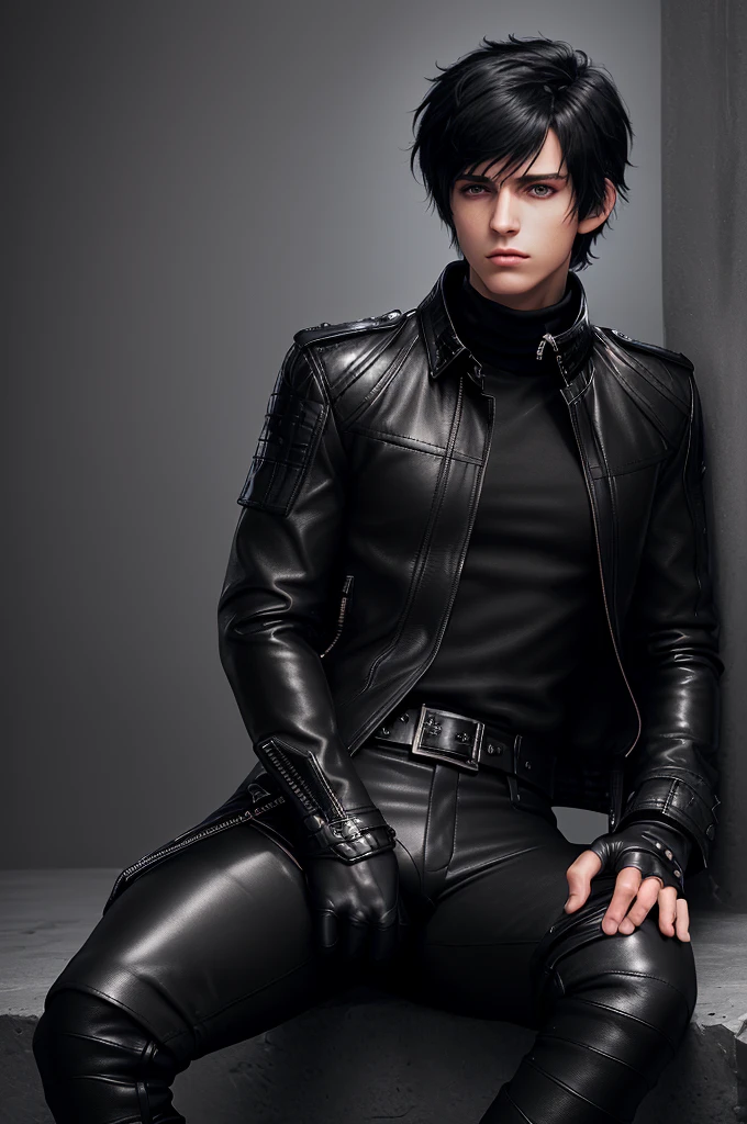 Final fantasy taste and reality graphics, ((Japanese young cute and cool ikemen  boy)), his age is early 20s, thin eyebrows and beady eyes,  ((he wearing black color leather  thick and heavy material jacket)), ((jacket is single-brest)),((jacket design is simple)), , ((jacket is large size)),((with epaulet)), ((jacket is long sleeve)), ((zip up, front of the leather jacket)), , ((voluminous leather jacket)), ,((jacket is high length, and stand-up collar)) ((jacket collar with two belts)), ((jacket is a little black color line pattern)), ((also wearing black thick material turtleneck lackluster shirts)),  ((tight black leather pants)),  ((put black leather tight and thin glove on both hands)), ((black leather glove)),((black leather knee-high raceup boots)),((must views  head-to-toe)),((must views whole body)), ,((Do not show skin from the neck down)),leather jacket leather glove and leather pants have few wrinkles, Avoid showing your innerwear,zip up jacket fastner.((must put on a leather glove)).
Boy is black hair.boy looks like fashion model.
Boy in the dim room.