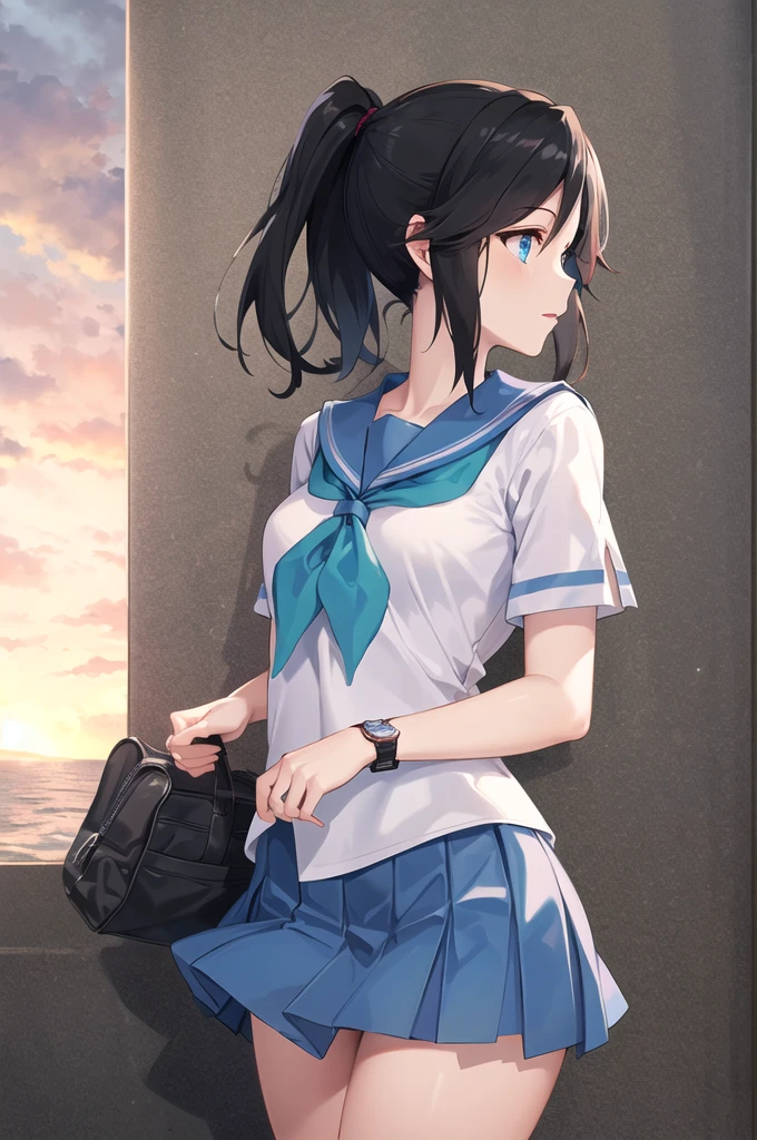 masterpiece, Highest quality, High resolution, Semantics 1, One girl, Nozomi Kasaki, alone, , blue eyes, Black socks, ponytail, Sailor collar, Blue Skirt, Black Hair, blue Sailor collar, Pleated skirt, Blue neckerchief, Short sleeve, Long Hair, White shirt, Knee-high, watch, bangs, Cowboy Shot, Showing panties