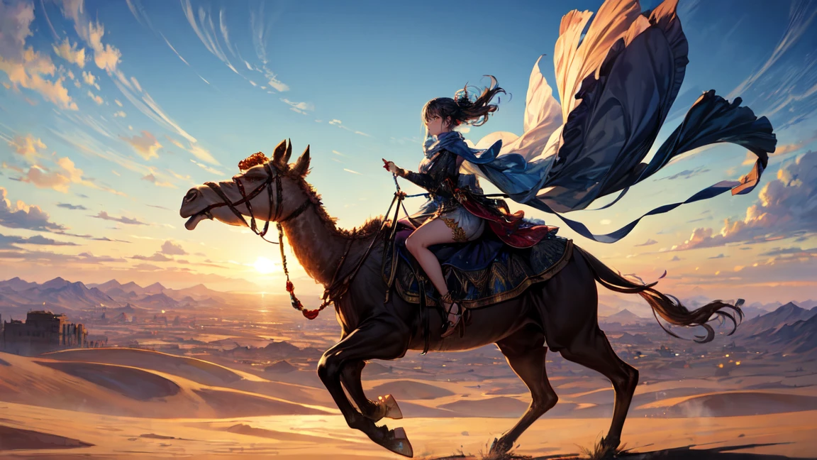 A captivating woman riding a camel in a desert setting. She has a mysterious and ethereal aura, with traditional Gypsy attire. Her outfit includes a flowing dress with intricate patterns, colorful scarves, and adorned with jewelry. The desert backdrop features a clear blue sky with scattered clouds, and ancient ruins in the distance. Ensure the overall atmosphere is magical and otherworldly.