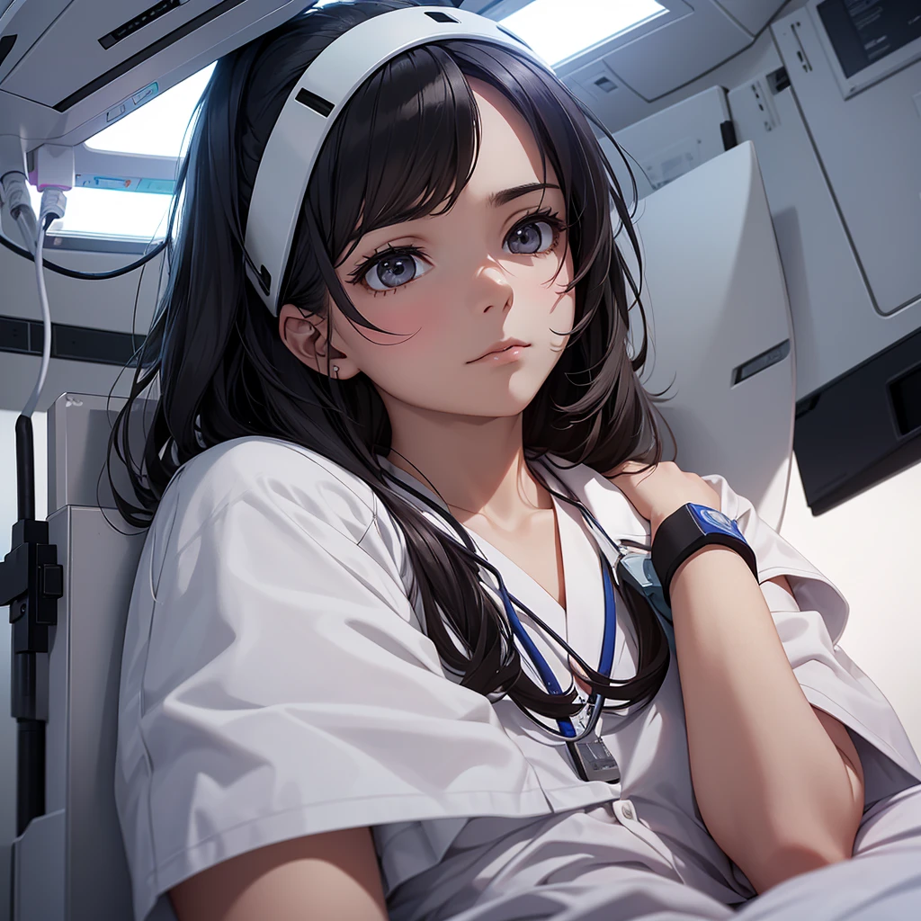 A young lady lying on a hospital bed. There is a laser therapy device on her head. Concern and stress can be seen on her face.