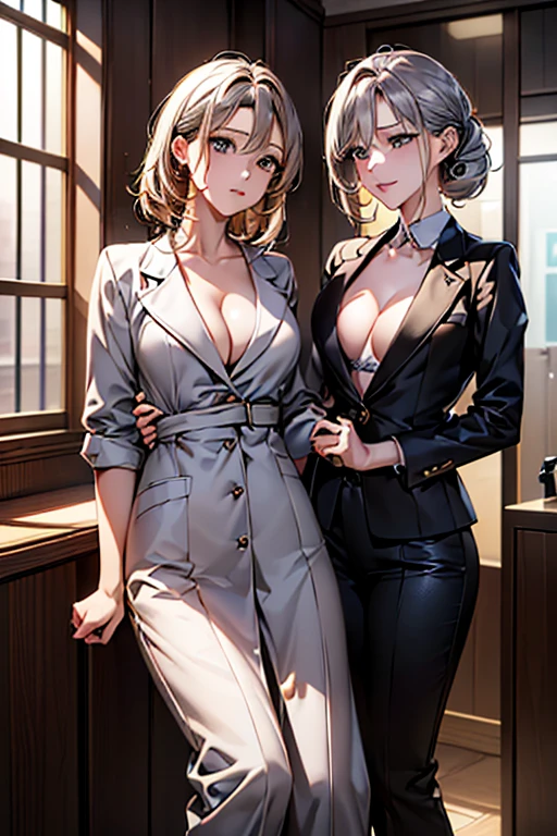 ((masterpiece), ((Highest quality)), (masterpiece,Highest quality,Official Art,Highly detailed CG Unity 8k wallpaper)、((1People Women:1.8))、((Hourglass body type:1.3、Medium breast、Bewitching beauty))、((Examination room:1.8)), "A female doctor from the near future wears a highly functional uniform。Antifouling、antibacterial、Breathable、温度調節機能を持つ高性能素材で作られたクリーンなホワイトAlsoは淡いブルーのタイトフィットなラボコートを着ています。The lab coat has a slim design、Smart collar、Hidden snap buttons at cuffs、Has multiple storage pockets。下には吸湿速乾性のあるホワイトAlsoは淡いパステルカラーのシャツやブラウスを着ており、Tight fit for ease of movement、(The design emphasizes the cleavage.:1.6)。The pants are tight-fitting straight pants.、Alsoは膝丈のAラインスカートで、Both are made from the same high-performance materials。For footwear, wear comfortable, supportive white or silver flats or sneakers。As an accessory、Lightweight and highly sensitive stethoscopes available in silver and pastel colors、Simple and easy to read name tag design、Waterproof smartwatch、antibacterial仕様の使い捨て手袋があります。Also、It also has pockets for storing small electronic devices and tools.。"