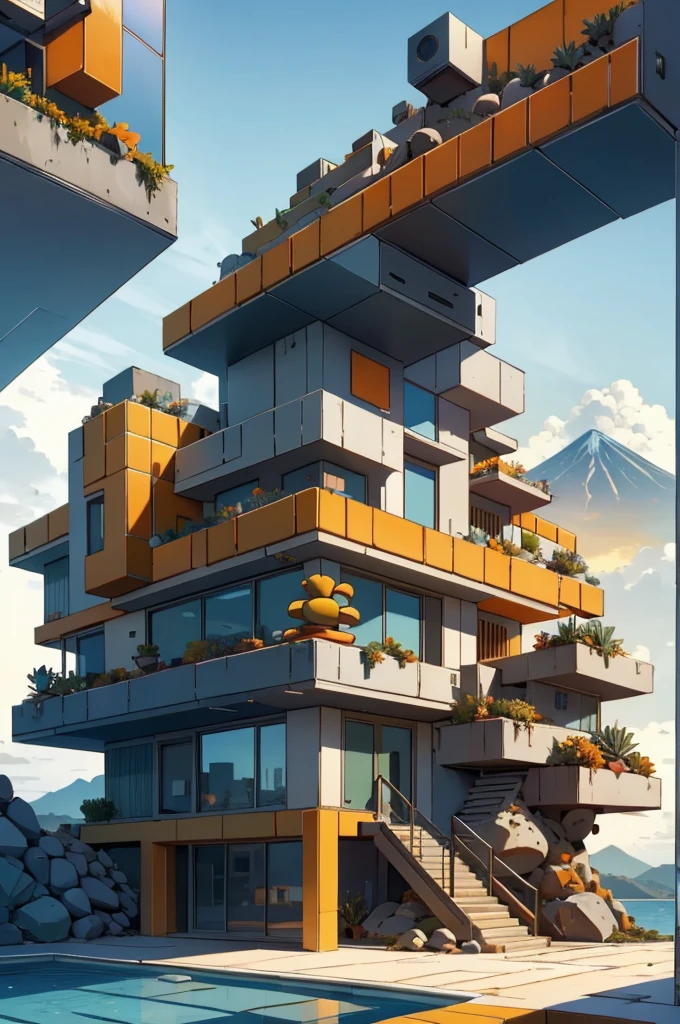 An illustration in collage style, with giant boulders, brutalist building sections, terraces, stairs, cacti, agave, concrete texture, multiple geometric shapes, hatch and cross hatching, planet saturn, volcano, moon, Luis Barragán's architectural style build, milky way galaxy, violet, one motorcycle, An illustration in collage style, with giant boulders, brutalist building sections, stairs, cacti, agave, concrete texture, multiple geometric shapes, hatch and cross hatching, planet saturn, volcano, moon, Luis Barragán's architectural style build, reflective pool, terraces. An elegant and modern build, in top of big boulders, with terraces, materials concrete, wood, steel and crystal, various gardens with tropical vegetation, cacti and rocks, stairs, a pool. In middle of sea, a big wave near, sunset, mountains and a volcano in the horizont, cute islands around, illustration format, cute color palette, detailed, masterpiece, award-winning work, clouds, Illustration, a garden with abundant cacti, ((various organic sculptures)), ((big rocks)), (((multiple sections))), collage style, detailed, (((color palette (olive green), (Mustard orange), cool grey, ((blue)), black and white))), (((a lot Luis barragán's architecture style builds))) big clouds, volcano in horizon, stairs, in the desert. ((masterpiece, best quality)),illustration,ultra detailed 8k, ((Ori Toor visual style)),soviet, megabuildings, megastructures, buildings, organic steel sculpture, brutalism, brutalism, brutalism, David Hockney, David Hockney, David Hockney