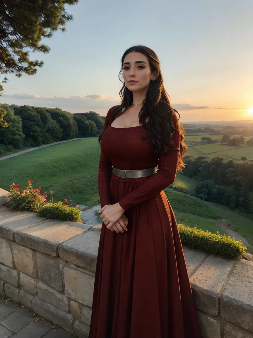Gorgeous and sultry busty athletic (thin) brunette queen with sharp facial features wearing a modest updo, dark red medieval dress, long sleeves, intricate patterns, scrollwork, wide neck, crown, veil, long dress, modest dress, tight bodice, silver belt, (waist chain), medieval jewelry, Middle Ages, castle, rampart, wall, exterior, on top of a castle wall, trees, countryside, evening, sunset.