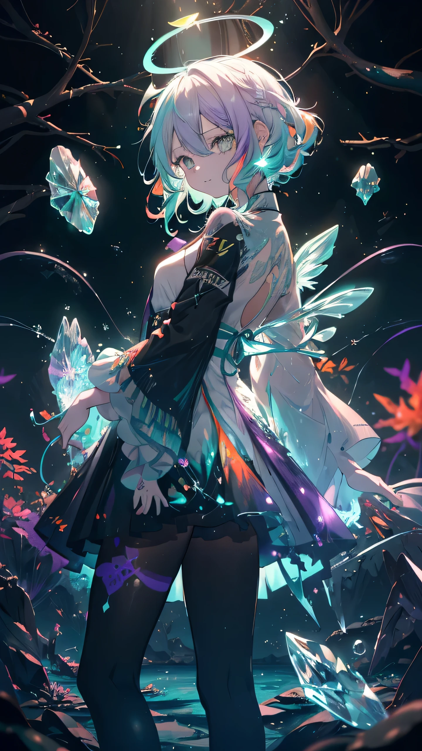 (Highest quality),(masterpiece),(Ultra-precision),((Detailed eyeof depiction:2.0)),(Lens flare:1.0),(Movie Posters:1.0),(Tarot card of frame:1.0),A centrally placed portrait,(Close-up:1.0),(Negative Space:1.6); (Floating colorful {wind|waterofmagic|ink|crystallization|ice|fire|inflammation|lightning|Spider&#39;s Web|rock|sand|particle|shine|Blood}:1.0),(Many of colorful {Soap bubble|cloud|thorn|Sharp protrusions|Vine|flow|Spiral|Halation|wing|Tattoo|CUBE|octahedron}:1.0),(Floating {red|green|green|aqua|purple|yellow|black|white|grey|pink|orange|lime} of {ribbon|wing|particle|Blade|water drops|雪ofcrystallization|Soft sphere}:1.0),({crystallization|ice|fire|inflammation|wind|water|land|stone|universe|music|sound wave|vortex} of {magic|wing}:1.0), ({Ray Tracing,shine|Sunlight filtering through the trees,light,Caustics|night,blackof theme|mysterious,Creepy|easygoing,pastel colour}:1.2), ({colorful|Rainbow colors|multicoloured}:1.0),(Beautiful and detailed shine:1.0); (Single),({Leaning forward|Lean back|Tilt to the side|}:1.2),{expression:(smile:1.0)|(Grinning expression:1.7)|},({small|small||lips,eyelash}:1.0),{(Mouth open:1.0)|(Mouth closed:1.0)|},({eyelash|eye shadow||}),{One eye closed},({red|green|green|aqua|purple|yellow|black|white|grey|pink|orange|lime} offer:1.4),({short|long|Medium} hair:1.0),({From below|From above|From the side|From the back|Facing forward}:1.3),(Halation:1.3),(tilting your head:1.5),(Dynamic pose:1.1),(Asymmetrical hair style:1.2),({red|green|green|aqua|purple|yellow|black|white|grey|pink|orange|lime} of {armor|dress|Collared shirt|suit|custom}:1.0),({formal|uniform|Techwear|Urban style|casual,Casual clothes|Fantasy,Magic User|Wild,Tribal|sf,Future}),({Check of skirt|Layered skirt|A fluffy dress|tights|pants|Shorts:1.5}),({green|aqua|purple|black|} of {eye|eye|pupil}:2.0),{(amount:1.5),Asymmetrical front hair|Diagonal of front hair|eyeof間offer|Bangs in front|Washed front hair},{One eye is hidden|ponytail|High position of twin tails:2.0},{Straight Hair|Wavy Hair|Drill Hair||},{Long coat|suit jacket|cape|sweater|tie}