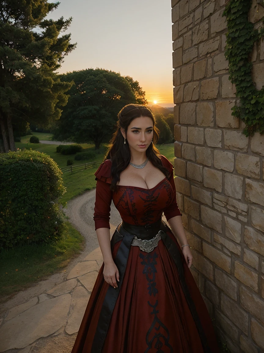 Gorgeous and sultry busty athletic (thin) brunette queen with sharp facial features wearing a modest updo, dark red medieval dress, long sleeves, intricate patterns, scrollwork, wide neck, crown, veil, long dress, modest dress, tight bodice, silver belt, (waist chain), medieval jewelry, Middle Ages, castle, rampart, wall, exterior, on top of a castle wall, trees, countryside, evening, sunset.