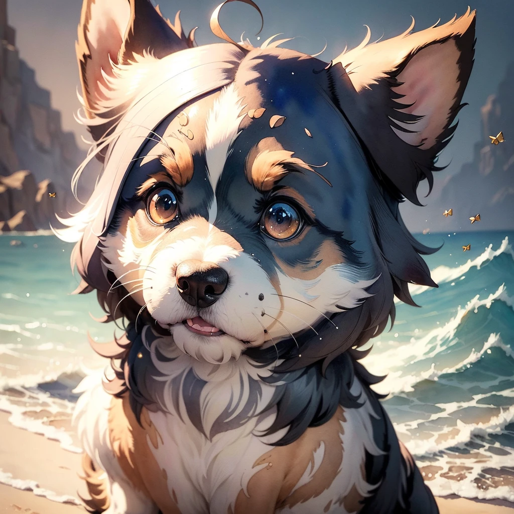 ((Best quality, 8K, Masterpiece: 1.4)),((Amazing detail: 1.3)),((Watercolor illustration: 1.2)),((high resolution: 1.1)),Thick painting style，(Critters)，1 dog，Blue solid background，in style of ghibli，head portrait，Anime avatar，miniature schnauzer，Grim expression，sharp look，Beautifully detailed dogs，structurally correct，フォトリアリスティック，Delicate hair，Photo art