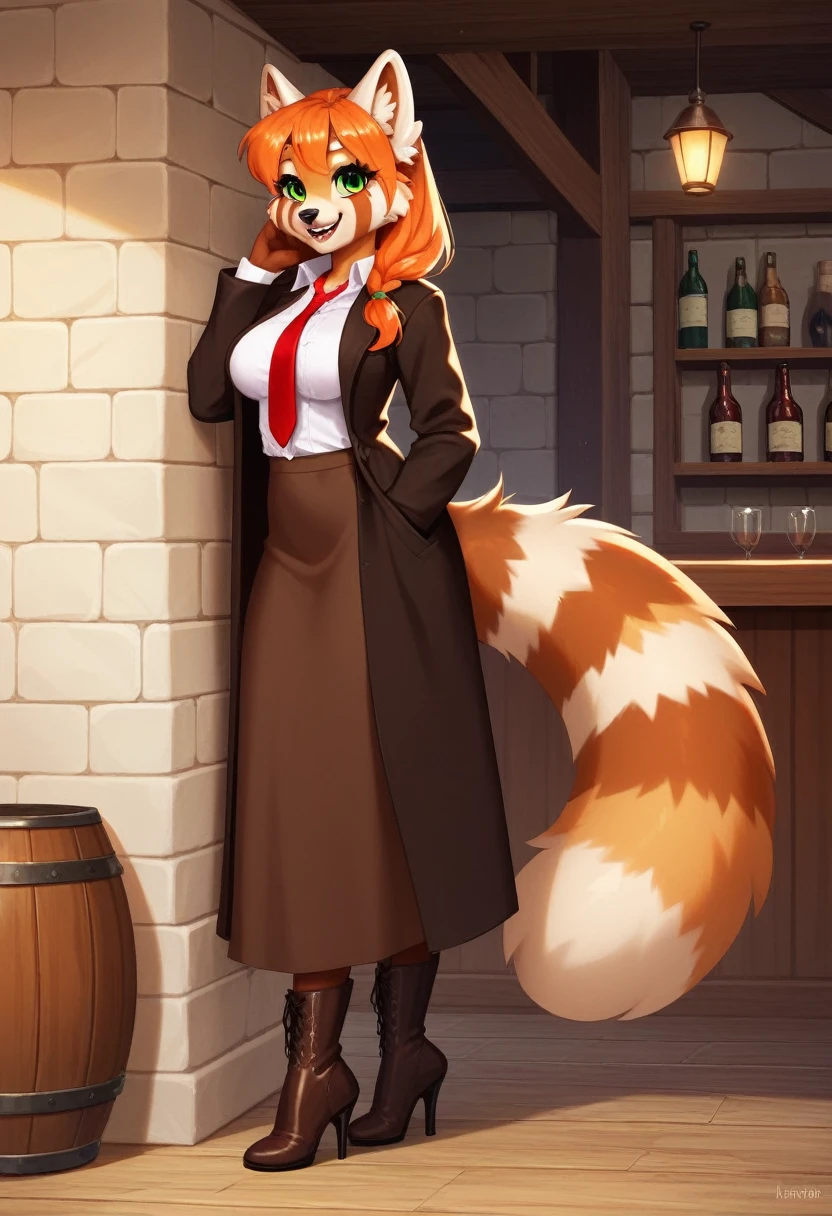 (By hyattlen, by fumiko, by claweddrip:1.2), solo, one girl, a cute light brown anthro furry red panda girl, female, (light brown fluffy body):1.1, black nose, (cute snout:1.1), fluffy tail, long orange hair, braided hair, highly detailed, wearing , brown leather explorer boots, grinning, sharp canine teeth, green eyes, detailed eyes, red tie, big smile, in a tavern, leaning on wall, seductive, whole body, dress shirt with top unbuttoned, long coat, dress, tall heels.