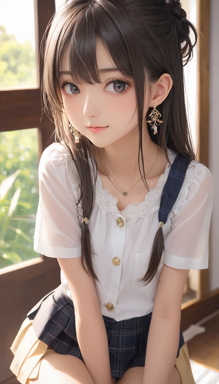 (masterpiece, Highest quality:1.2), One girl, alone,bony body、15 years old、Earrings、 (zettai ryouiki:1.4)