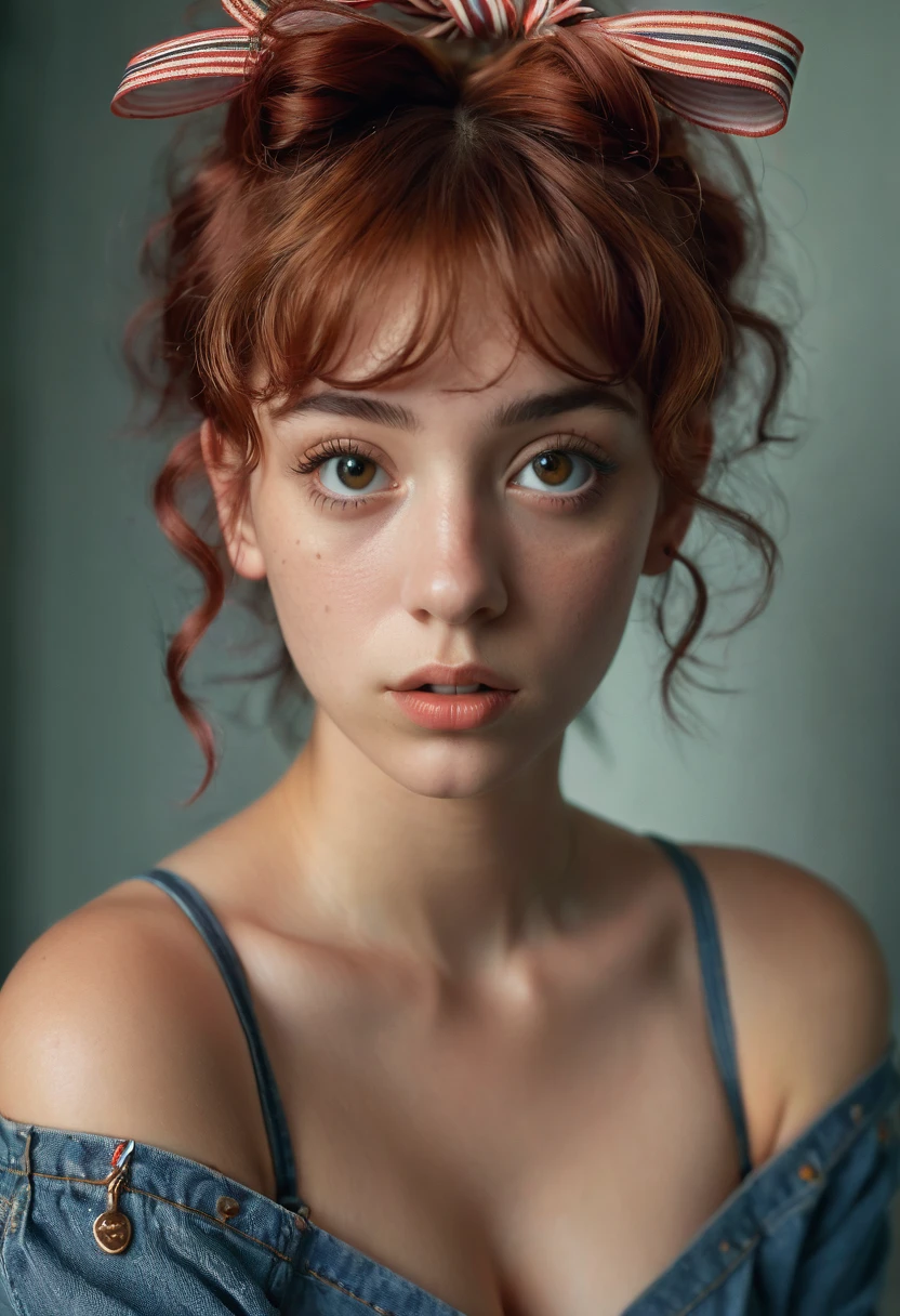 (best quality, 4k, highres, highres face details), illustration, style of Philip Lorca diCorcia, cinematic film still portrait of young girl aged 18 yrs old, 1girl, solo, Instagram model, athletic figure, tan skin, perfect lips, fake lashes, modest bust size, deep cleavage, pretty face, wearing an off the shoulder brown sweater, wearing jean shorts, red hair, short curly hair, crossed bangs, brown eyes, constricted pupils, hair ribbon, hoop earrings, cinematic lighting, Ultra-Wide Angle, Canon, Hyperrealism, UHD, masterpiece, textured skin, high details, best quality, detailed eyes, detailed iris, whole body image