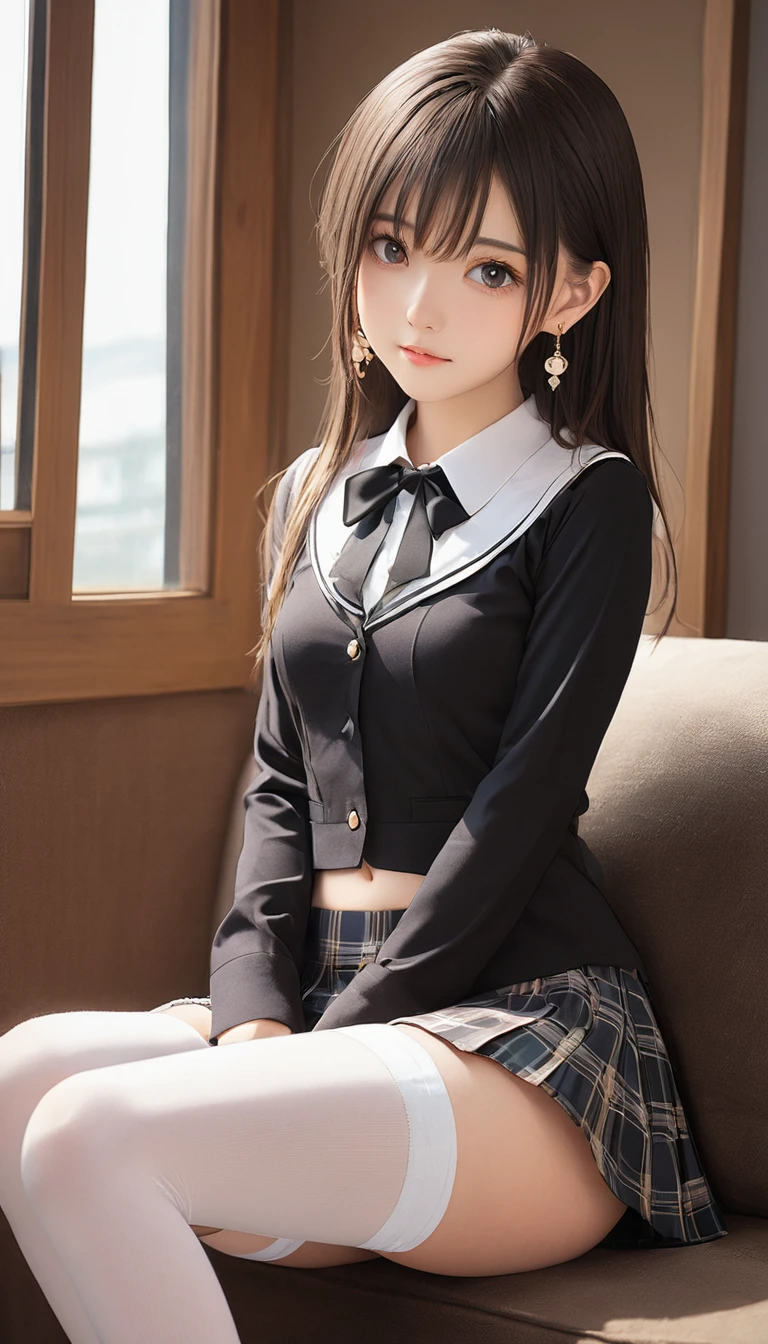 (masterpiece, Highest quality:1.2), One girl, alone,bony body、15 years old、Earrings、 (zettai ryouiki:1.4)