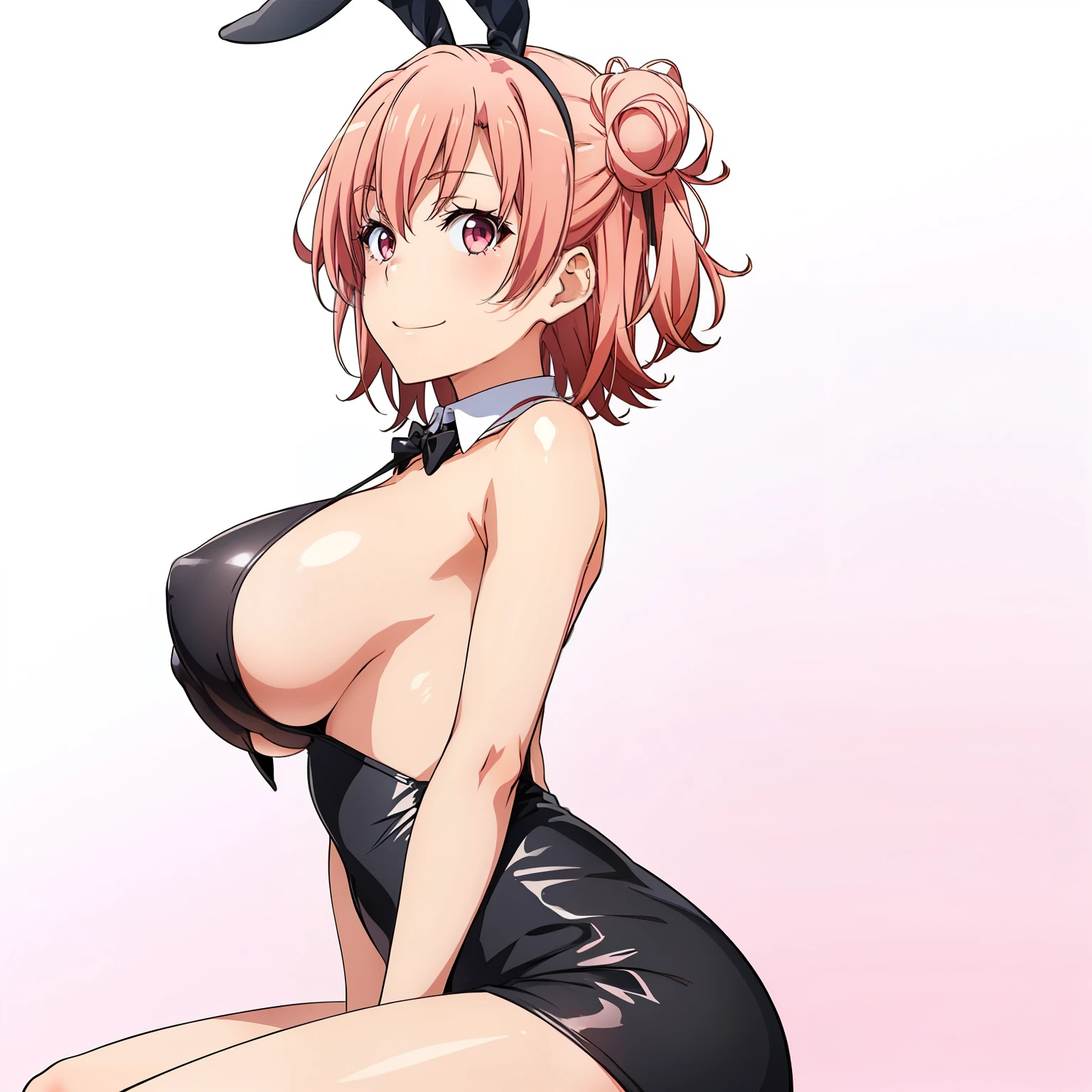 ((masutepiece, Best Quality, hight resolution, nffsw, Perfect Pixel, depth of fields, 4K, )), 1girl in, Solo, , Beautiful anime girl, Beautiful Art Style, close up, Looking at Viewer, Perfect body, side shot, Yuigahama Yui, Short hair, pink hair, pink eyes, hairbun, (large boob), side boob, sitting, black playboy bunny outfit, smile, hands on thighs, blank white background, shot from the waist up