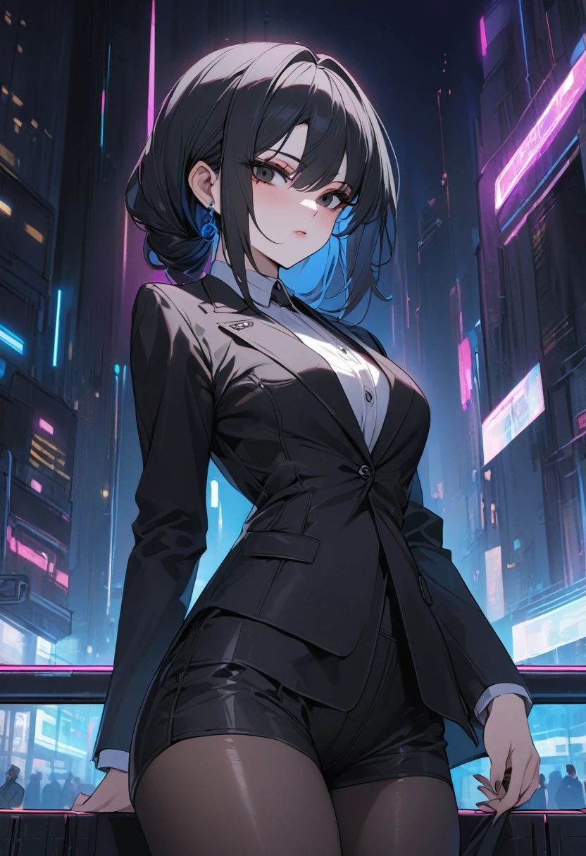 Young girl black hair black eyes cyberpunk high quality masterpiece wearing black suit Chinese woman