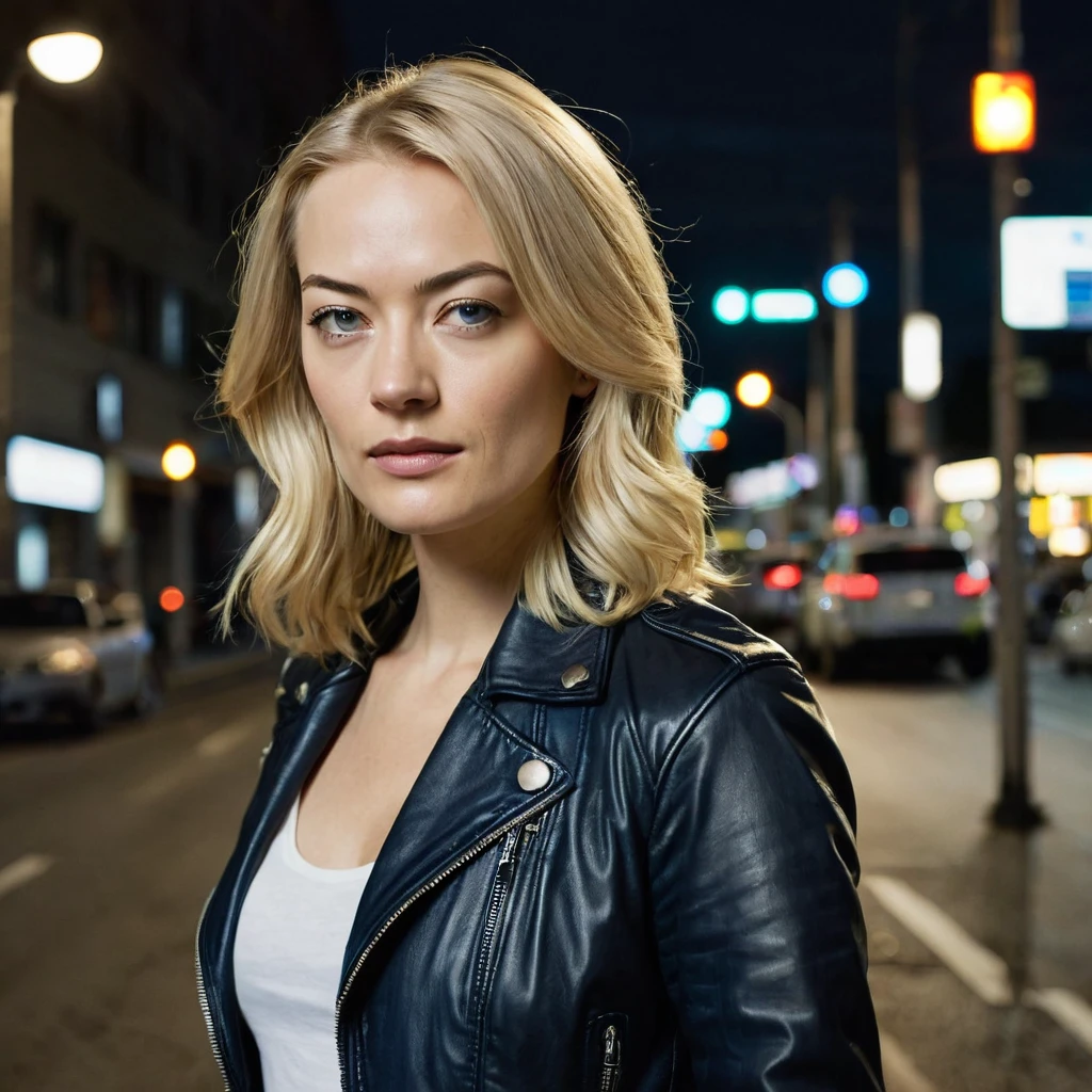 young 27 years old woman, Xenia, looking alike Yvonne Strahovski, portrait, close -up standing tall in the middle of a dark city street. The street is illuminated by police lights, there are three cars on the line at the traffic lights, ready to race. The woman has shoulder -length blonde hair, fair skin, and is wearing a black leather jacket over a dark blue t-shirt. She is also wearing dark skinny jeans and white sneakers.