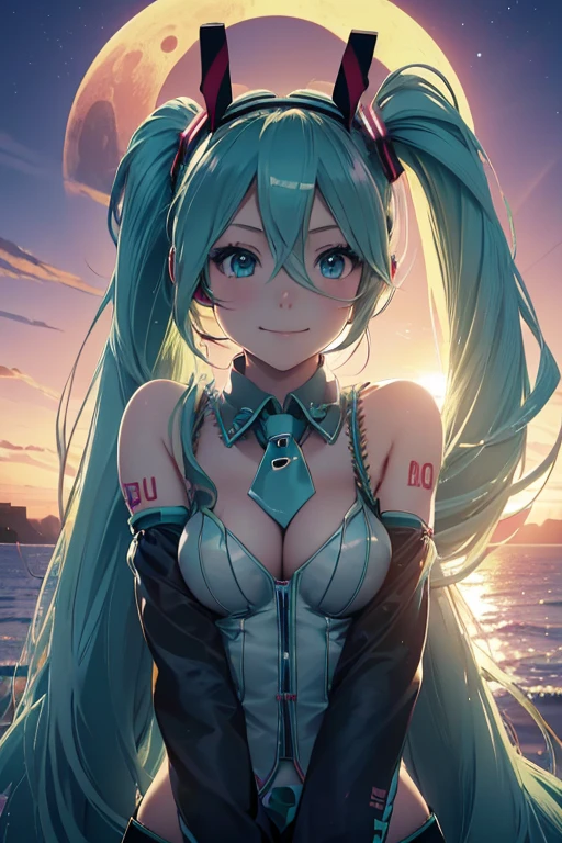 Photo of beautiful jpn-gyaru, masterpiece, 1 girl,
(8 :1.4),(hatsune miku:1.4), Cyborg girl with green hair and blue eyes , big breasts, smile, (mechanical bunny ears headband: 1.2), headphones, (mechanized limb), (crescent moon, sunset:1.3), bayside, shore,