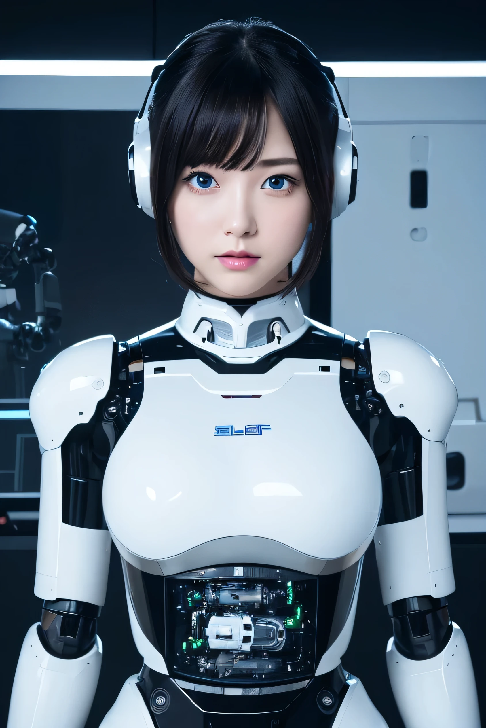 masterpiece, best quality, extremely detailed, 8K portrait,1girl in, Japaese android girl,android teacher,Plump , control panels,android,Droid,Mechanical Hand, ,Robot arms and legs, Black hair,Mechanical body,Blunt bangs,White Robotics Parts,perfect robot woman,Charging spot,perfect mechanical body,white robotics body,android assembly plant,white body,She has repaired,black sponge joints,android,laboratory,perfect machine body,white robot body,blue eyes