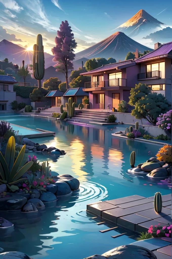 Multiple houses, brutalism style, Luis Barragán, Mountains in background, river, pool, terraces, stairs, garden terraces, trees, beautiful clouds, moon, sun, detailed, cacti, boulders, volcanic rocks, fuggy, river, lake, Violet, orange, olive green, blue, magenta, amazing volcano in horizont, beautiful garden design