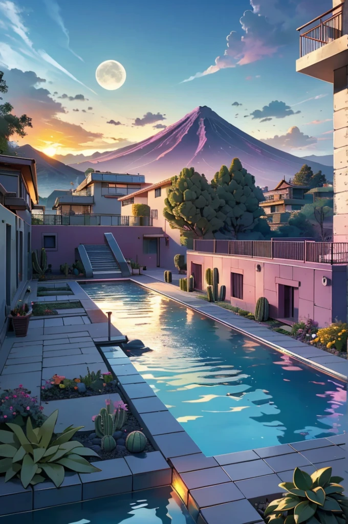 Multiple houses, brutalism style, Luis Barragán, Mountains in background, river, pool, terraces, stairs, garden terraces, trees, beautiful clouds, moon, sun, detailed, cacti, boulders, volcanic rocks, fuggy, river, lake, Violet, orange, olive green, blue, magenta, amazing volcano in horizont, beautiful garden design