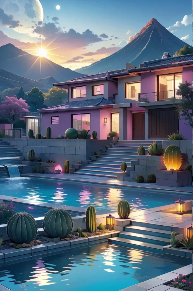 Multiple houses, brutalism style, Luis Barragán, Mountains in background, river, pool, terraces, stairs, garden terraces, trees, beautiful clouds, moon, sun, detailed, cacti, boulders, volcanic rocks, fuggy, river, lake, Violet, orange, olive green, blue, magenta, amazing volcano in horizont, beautiful garden design