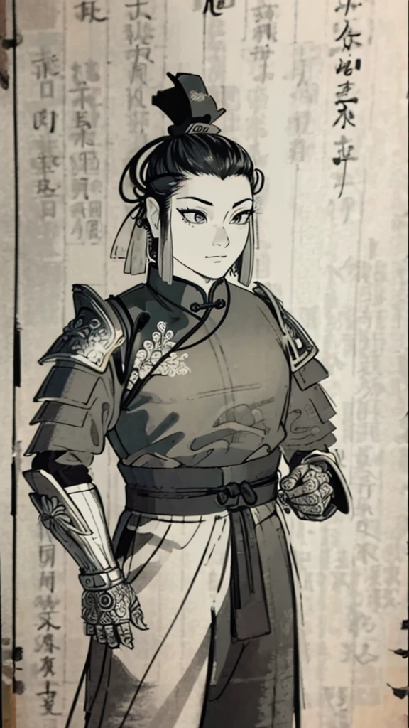 (((Monochrome)))、(((ancient chinese hairstyle men)))、(((Ink Painting)))、((Line art))、Highest quality、masterpiece、Ultra-high resolution、Embroidered cloth wrapped around a topknot、(Realistic:1.4)、Game Poster、Oriental、As seen in the Romance of the Three Kingdoms々military commander、Crisp and beautiful image quality ,(((metal armor, metal dragon head on the shoulder, , (metal armor with intricate pattern:1.2)))、 gloves, Long trousers, (Very detailed, bloom:1.5), (Highest quality, Concept Art, 4K), (analog:1.2), (high sharpness), (Detailed pupil:1.1),Detailed face and eyes, masterpiece, Highest quality, (Very detailed:1.1),, (PurerosFace_v1:0.2), [:(Detailed face:1.2):0.2], sharp, Realistic, Realistic Shadow, 