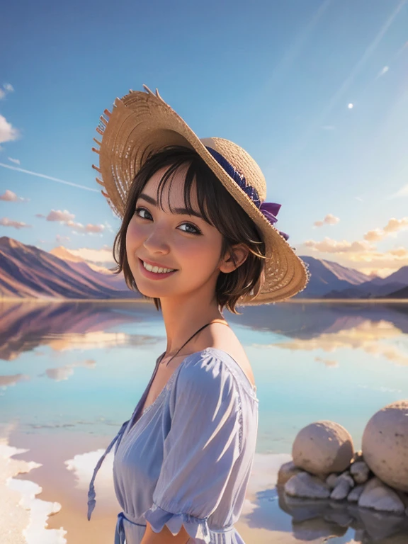 One girl, masterpiece, Very detailed, (Beautiful sparkle), Lens flare, Gray Hair, short hair, Floating Hair, Recall, Behind the back, smile, blue eyes, White Dress, Medium chest, Upper Body, Wide Shot, Straw hat, ((Uyuni salt lake)), sunrise, cloud, Backlight, Purple Sky, Yellow Sky, Gradient Sky, put your hand on the hat