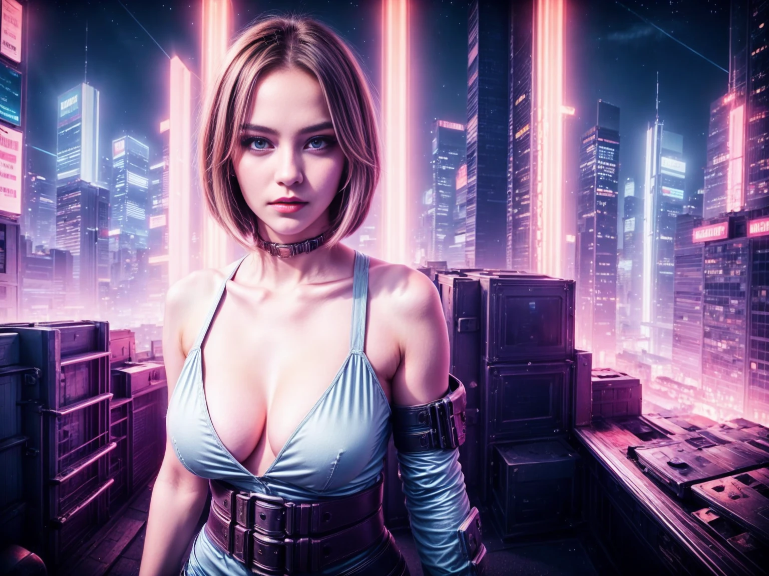 A beautiful European girl, on the roof of cyberpunk building, neon, serious face, wearing purple medieval dress, jewelry, cleavage, full body. She is 24 years old, has Split-Color Hair, blond hair, egyptian_bob_hairstyle and blue eyes. Her cloth is stylish and her overall appearance is stunning. The girl's face is extremely detailed with beautifully detailed lips. Her skin is anatomically correct with realistic textures. The image should have super high details and be of the best quality, with a resolution of 8K. The final result should be a masterpiece, showcasing the girl's beauty and the vibrant atmosphere of The neon cyberpunk city and the night