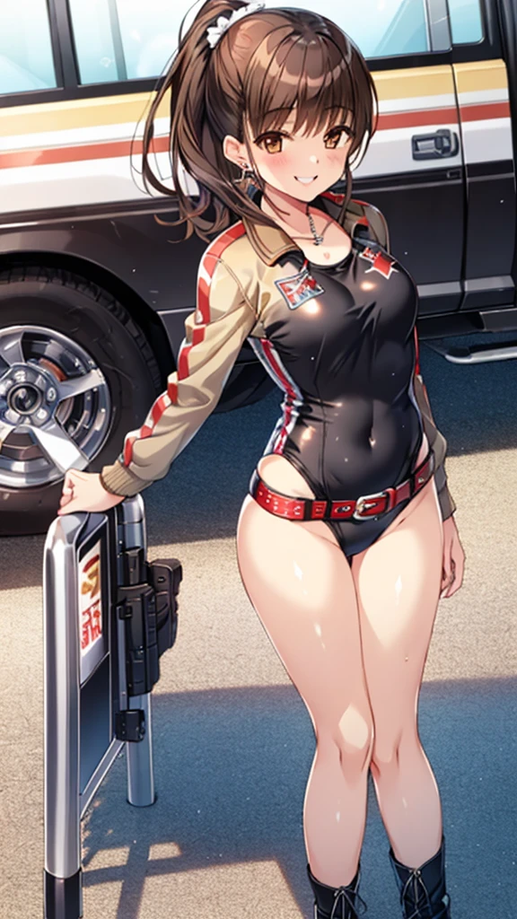 (Highly detailed CG), (Highest quality), Perfect Face, Glowing Skin, Shiny skin,Wide Hips,   One girl,alone , ((shirokoswimsuit)), MioSuto,Iris,red belt,star(symbol),Black Hair, Earrings, デニム Jacket, boots, Brown eyes, ponytail, belt, Jacket, Brown Hair, Thick thighs，smile,Butt, Butt focus, Recall, smile