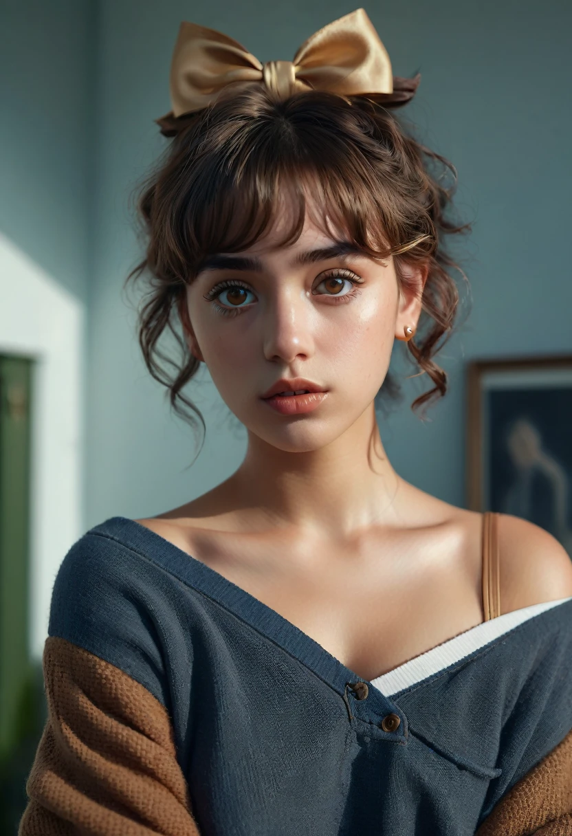 (best quality, 4k, highres, highres face details), illustration, style of Philip Lorca diCorcia, cinematic film still portrait of young girl aged 18 yrs old, 1girl, solo, Instagram model, athletic figure, tan skin, perfect lips, fake lashes, modest bust size, deep cleavage, pretty face, wearing an off the shoulder brown sweater, wearing jean shorts, brown hair, short curly hair, crossed bangs, brown eyes, constricted pupils, hair ribbon, hoop earrings, cinematic lighting, Ultra-Wide Angle, Canon, Hyperrealism, UHD, masterpiece, textured skin, high details, best quality, detailed eyes, detailed iris, whole body image