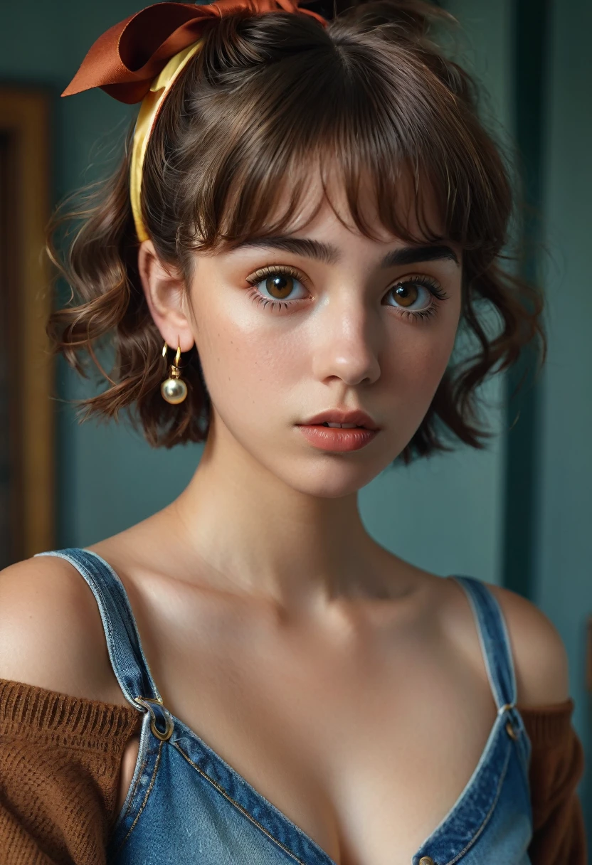 illustration, style of Philip Lorca diCorcia, cinematic film still portrait of young girl aged 18 yrs old, 1girl, solo, Instagram model, athletic figure, deep cleavage, large breasts, cute face, wearing a black bikini, soaking wet, light brown hair, short curly hair, crossed bangs, brown eyes, constricted pupils, hair ribbon, hoop earrings, cinematic lighting, Ultra-Wide Angle, Canon, Hyperrealism, UHD, masterpiece, textured skin, high details, best quality, detailed eyes, detailed iris, whole body photo