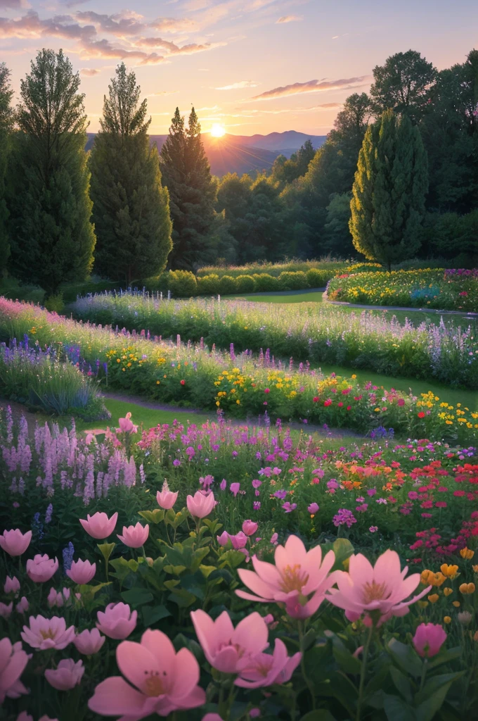 arafed view of a field of flowers with a sunset in the background, flower garden summer morning, beautiful border, in a cottagecore flower garden, cottagecore flower garden, lush flowery outdoors, incredibly beautiful, beautiful setting, beautiful lush colors, beautiful garden, flower garden, beautiful scene, flowers garden, very very beautiful!