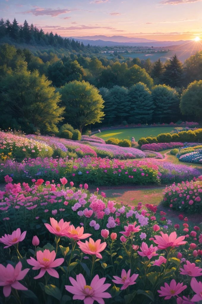 arafed view of a field of flowers with a sunset in the background, a pastel by Carol Bove, flickr, fine art, flower garden summer morning, beautiful border, in a cottagecore flower garden, cottagecore flower garden, lush flowery outdoors, incredibly beautiful, beautiful setting, beautiful lush colors, beautiful garden, flower garden, beautiful scene