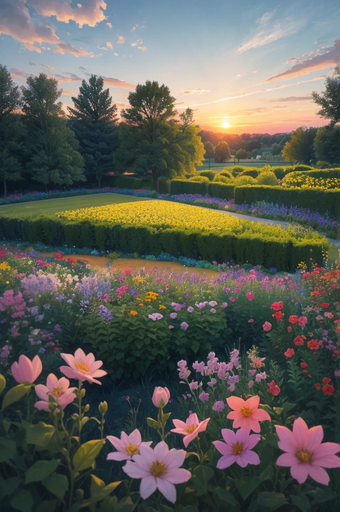 arafed view of a field of flowers with a sunset in the background, a pastel by Carol Bove, flickr, fine art, flower garden summer morning, beautiful border, in a cottagecore flower garden, cottagecore flower garden, lush flowery outdoors, incredibly beautiful, beautiful setting, beautiful lush colors, beautiful garden, flower garden, beautiful scene