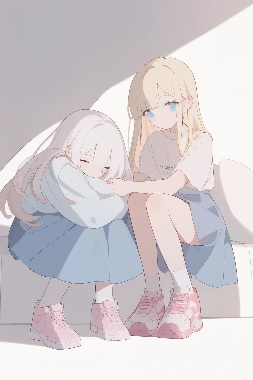 2girls,solo,core_9,score_8_up,score_7_up,Expressiveh,rating_safe,(masterpiece, best quality),
Pastel blue skirt,1girl white hair, 2girl blonde hair, pink sneakers,pink shoes,conforting girl,blonde girl comforting white hair girl