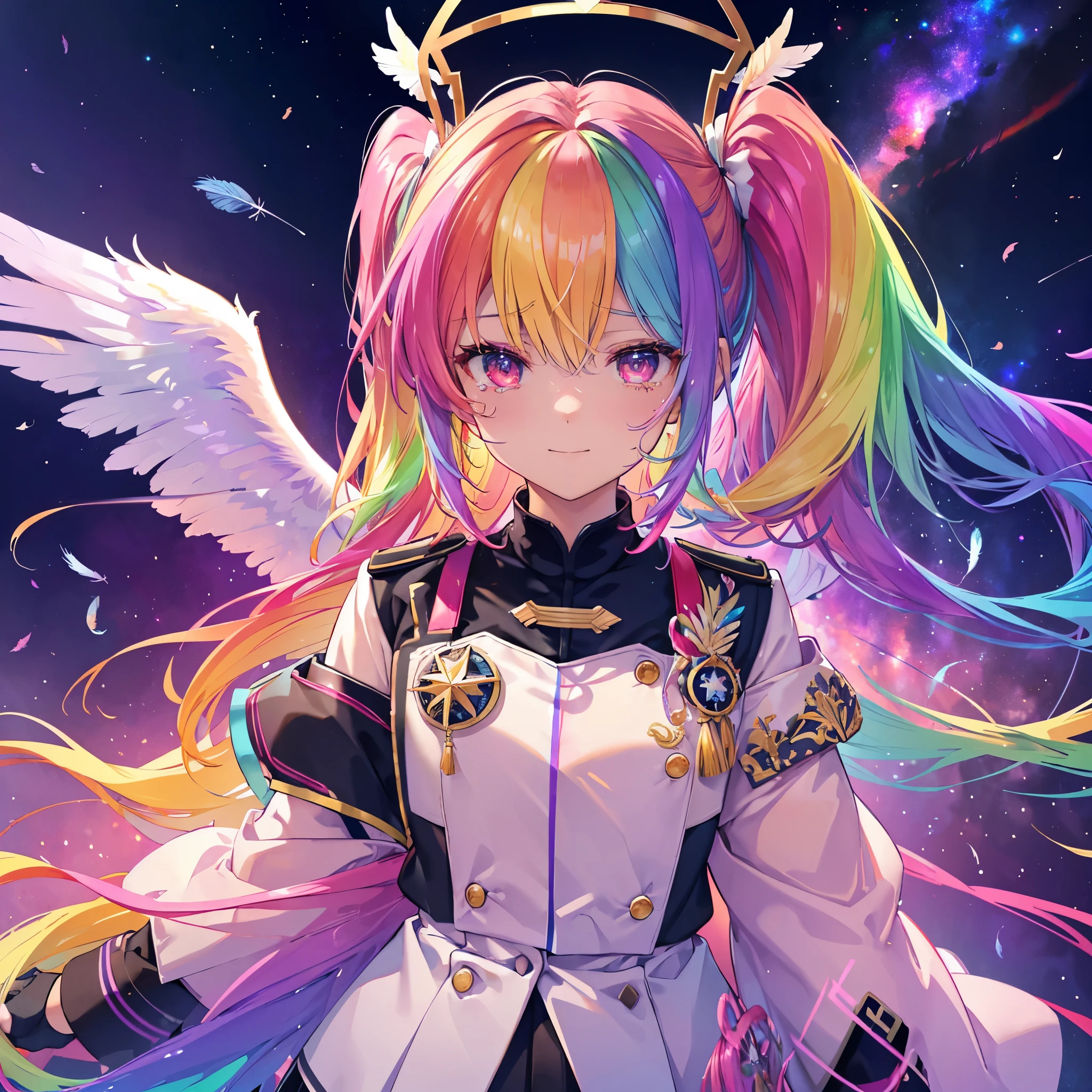 ((((Archangel、Angel Halo、Big Wings、rainbow gradient feathers)))) (((Fantasy Rainbow Hair、Blowing in the Wind Dye the inside of your hair rainbow colors Twin tails Dull red eyes There is a galaxy uniform、Put on a coat without putting your arms through it Lonely Smiling Kindly front、Close-up))) ((tears gloves)) (Broken glass Rolling Pebble star) Catch the wind milky way Shining Background Particles of light, rainbow colored edges star