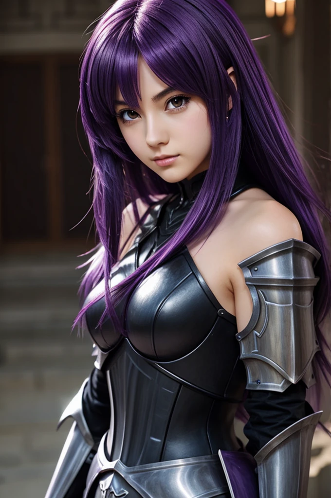 Beautiful female anime knight with shoulder length purple hair and dark eyes