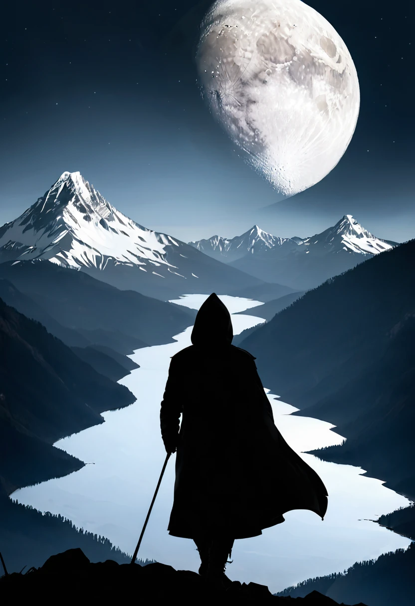 shadow , hood, Mountain, moon (detailed_background:1.3)