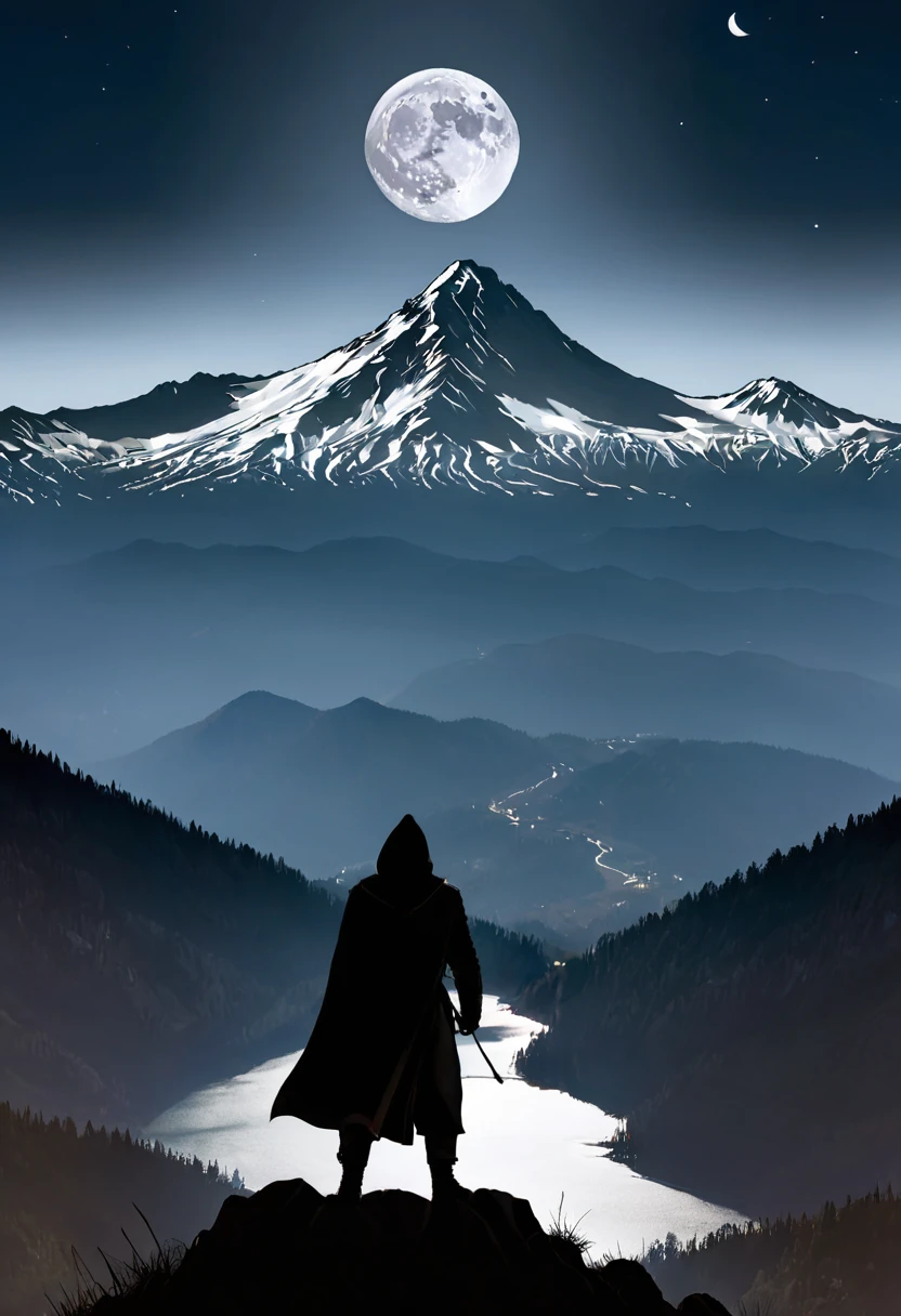 shadow , hood, Mountain, moon (detailed_background:1.3) 