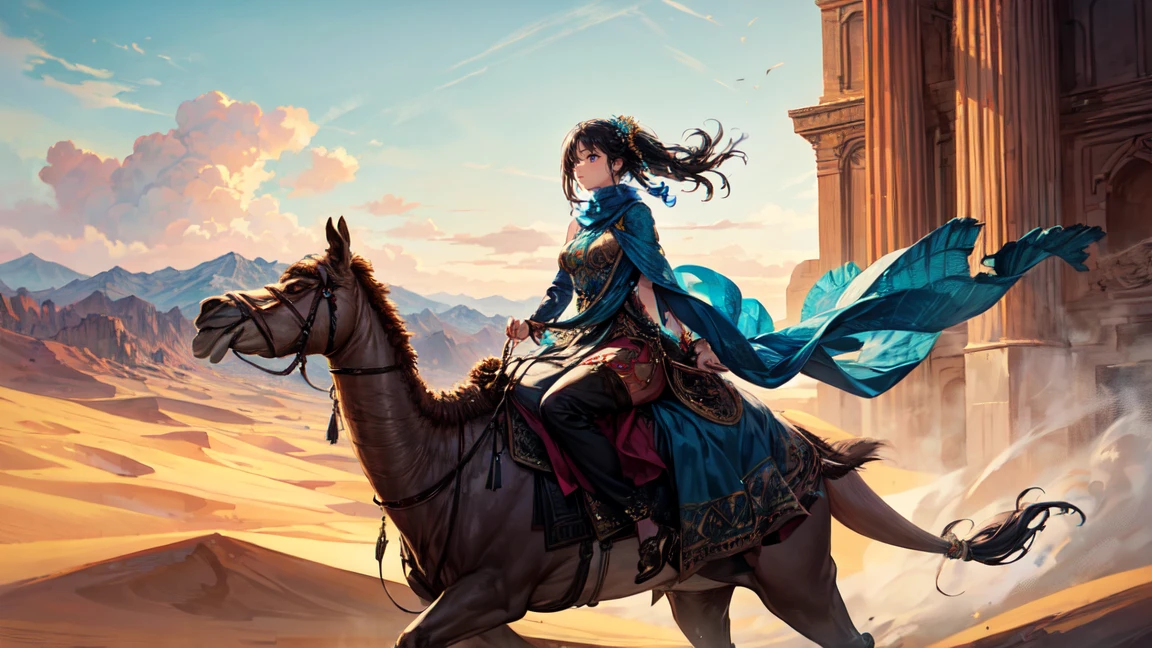A captivating woman riding a camel in a desert setting. She has a mysterious and ethereal aura, with traditional Gypsy attire. Her outfit includes a flowing dress with intricate patterns, colorful scarves, and adorned with jewelry. The desert backdrop features a clear blue sky with scattered clouds, and ancient ruins in the distance. Ensure the overall atmosphere is magical and otherworldly.