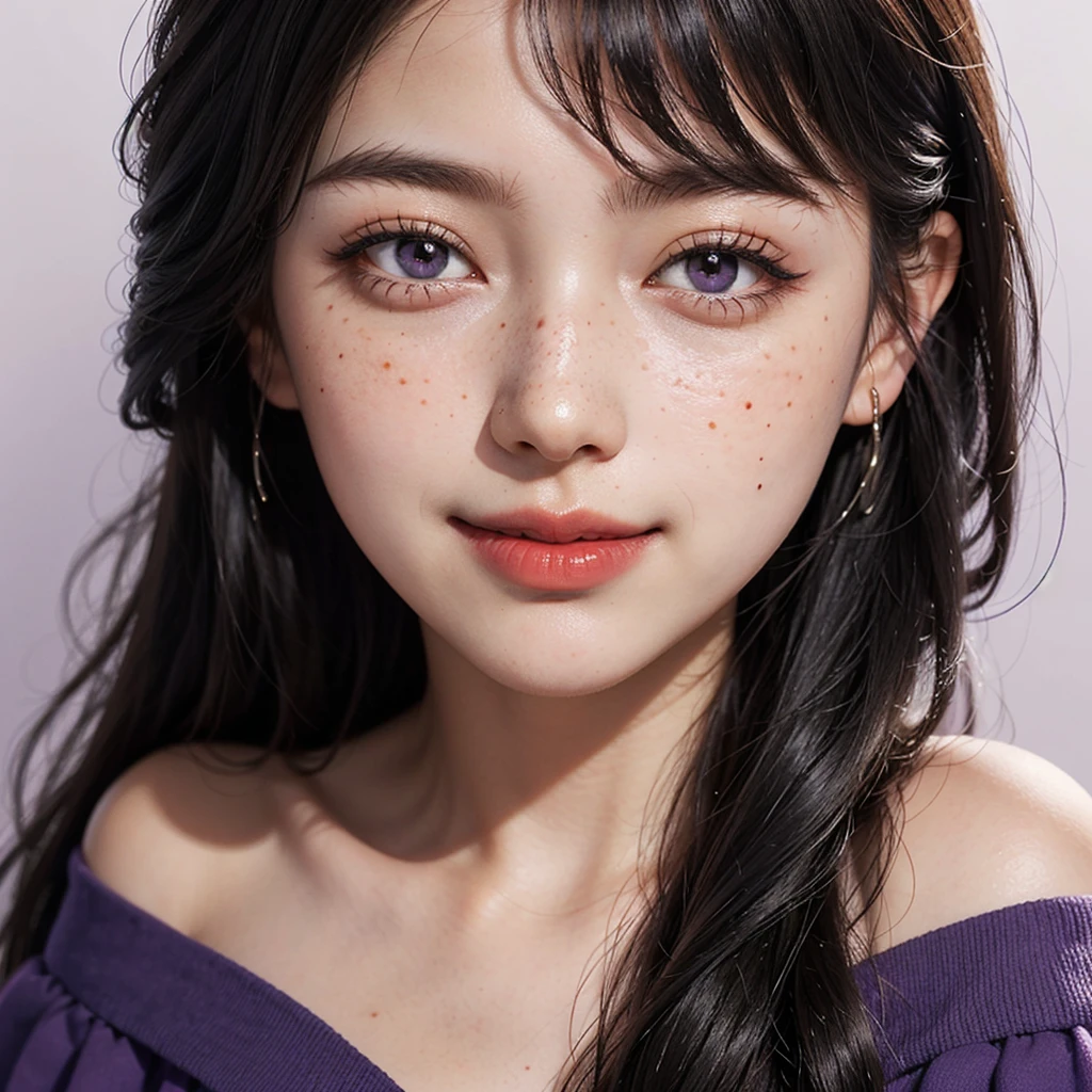 1 Girl, 19 years old, south korean, 4k, masterpiece, realistic, long whavy black hair with bangs, shining purple pupils, shining red lips, red eyeliners, freckles, off-shoulder top, large breast, smug smile, closed mouth, tilted head, bright colors, face close up, face focus, portrait.