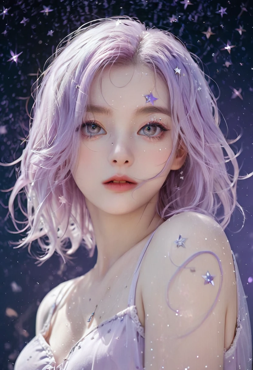 ((masterpiece,best quality)),(Negative Space:1.4),(1 Girl, Solitary:1.4),Beautiful and delicate eyes,Flowing pale pink and lilac hair, Lavender-colored eyes, night, Starry Sky, The stars shine