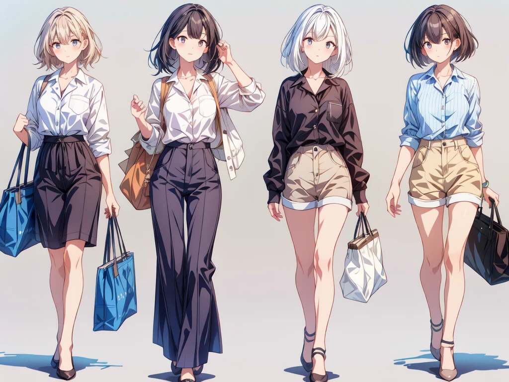 (((best quality))) , ((whole body)), 4 Women, Adult women, multiple views, White background, Various hairstyles, Various fashion styles, Sexy pose, Fashionable atmosphere, Tote Bag, Spring Clothing, Uniforms,Work clothes,Walking posture, Extremely detailed CG, shorts,