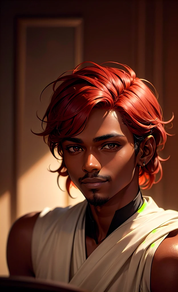 work of art, best qualityer, 1 dark-skinned boy, Innkeeper, short red hair, barba, soft, warm lighting, mugshot, ssmile, looking ahead at viewer, chilled out, cozily, Tavern