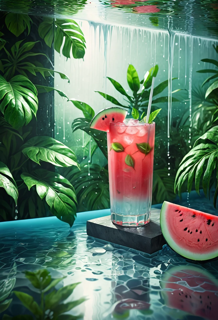 wallpaper, poster, drinks, Ice cubes, watermelon, Tropical plants, Hot weather, High-resolution details, Wet watermark, Ultra Detailed, , Surrealism, Soft Light, Deep Focus Bokeh, Ray Tracing, diffusion (Ultra-fine glass reflection) 和Surrealism--niji 5