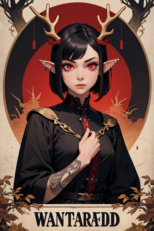 Poster of "Wanted" of a Girl with long, pointed ears full of piercings, short black hair, duendecillo haircut, red eyes and antlers on the head. The girl&#39;s name is "Backdoor"