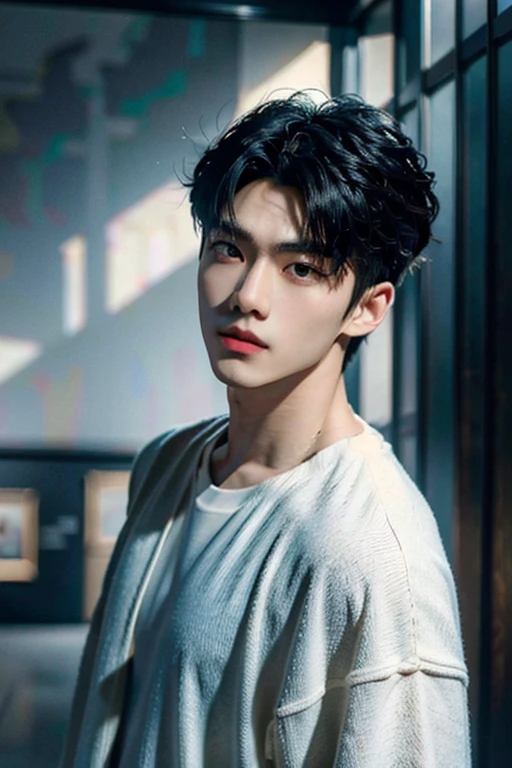 A beautiful detailed Japanese-Korean man, chiseled abs, medium length hair resembling D.O. from EXO and B.I. from iKON, wearing a casual outfit, walking in a museum, (best quality,4k,8k,highres,masterpiece:1.2),ultra-detailed,(realistic,photorealistic,photo-realistic:1.37),detailed face,detailed eyes,detailed lips,detailed physique,long eyelashes,dynamic pose,natural lighting,museum interior,white clothing,clean color palette