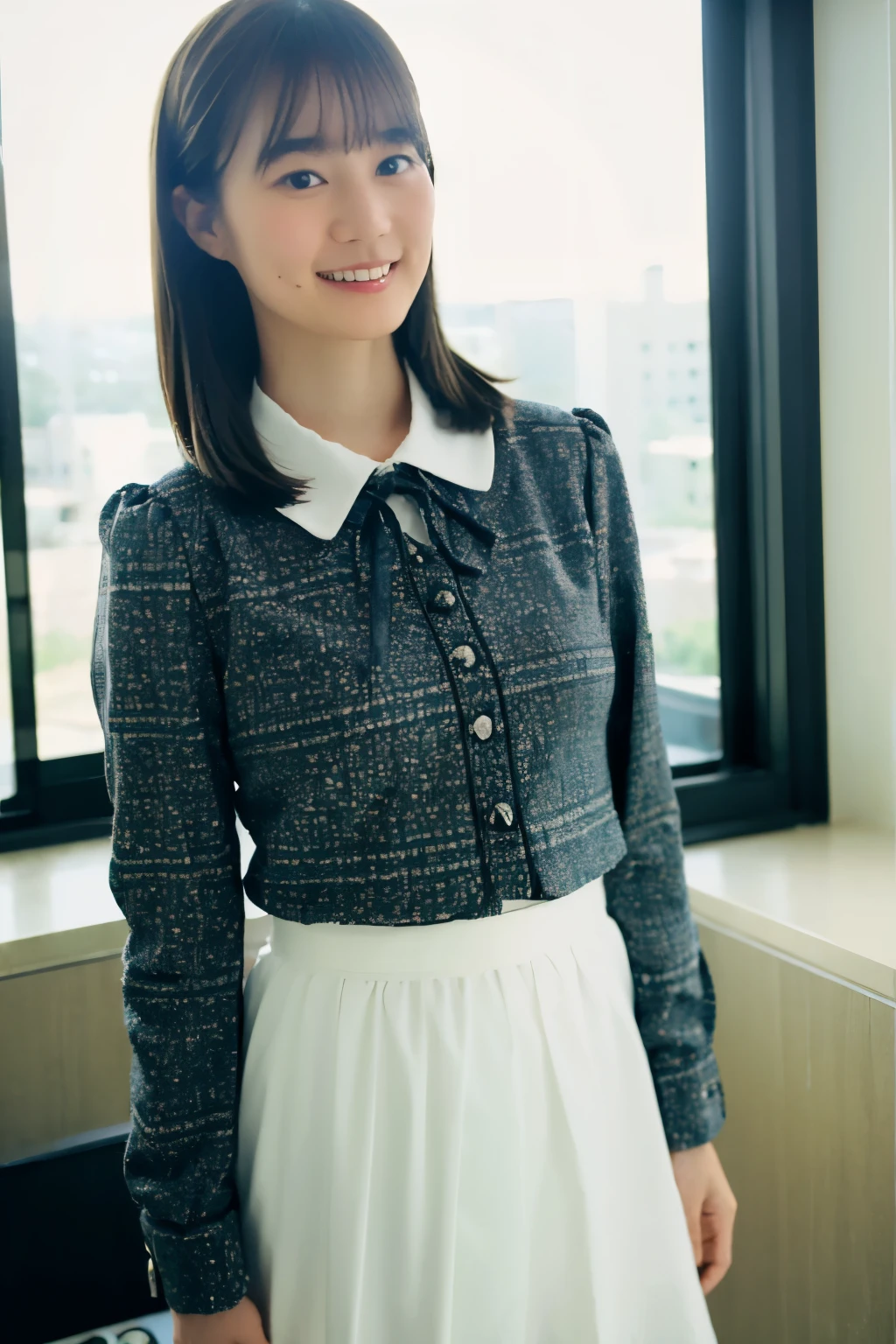 ((Highest quality)), (detailed), 1 Japan Girl, (smiled: 0.6), standing in a hotel room, frilled skirt, (from below: 0.2)