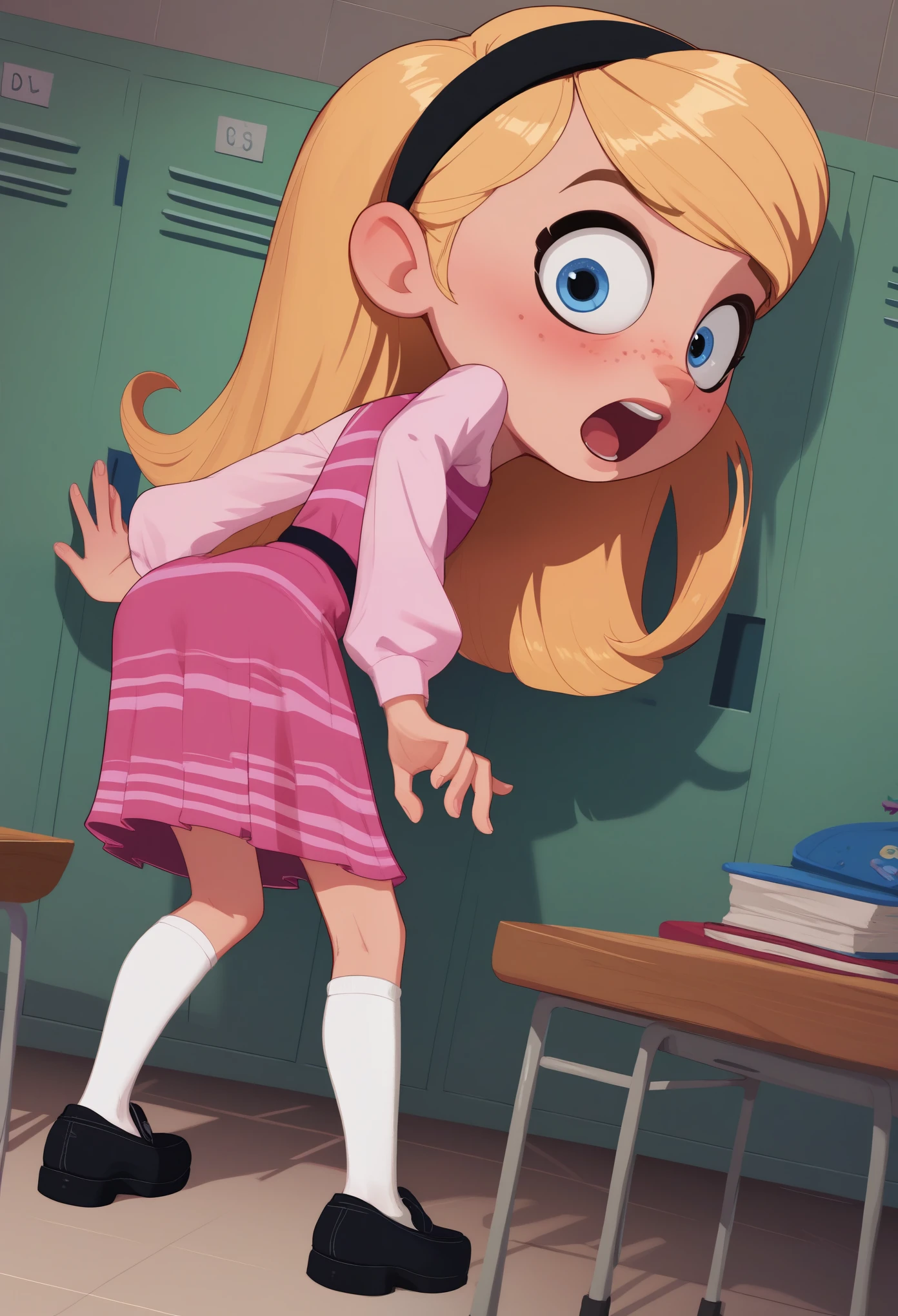 1girl, full body, solo, penny peterson, long hair, blue eyes, freckles, blonde hair, skirt, hairband, black hairband, white long tube socks, dress, pink dress, long sleeves, score_9,score_8_up,score_7_up,score_6_up,score_5_up, blushing, surprised, scared, looking at viewer:1.3), showing butt, backside, open mouth, school, school lockers,