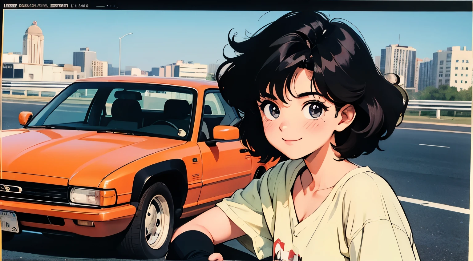High quality images, semi realistic, vintages, advertising, 90s anime style, poster, upper body, 1girl, black hair, short curly hair, messy hair, sunglasses, black eyes, wink, smile, ;), sweaty, yellow t-shirt, v-neck, collarbones, holding handle, in the car, midnight, city, driving car, natural shadow