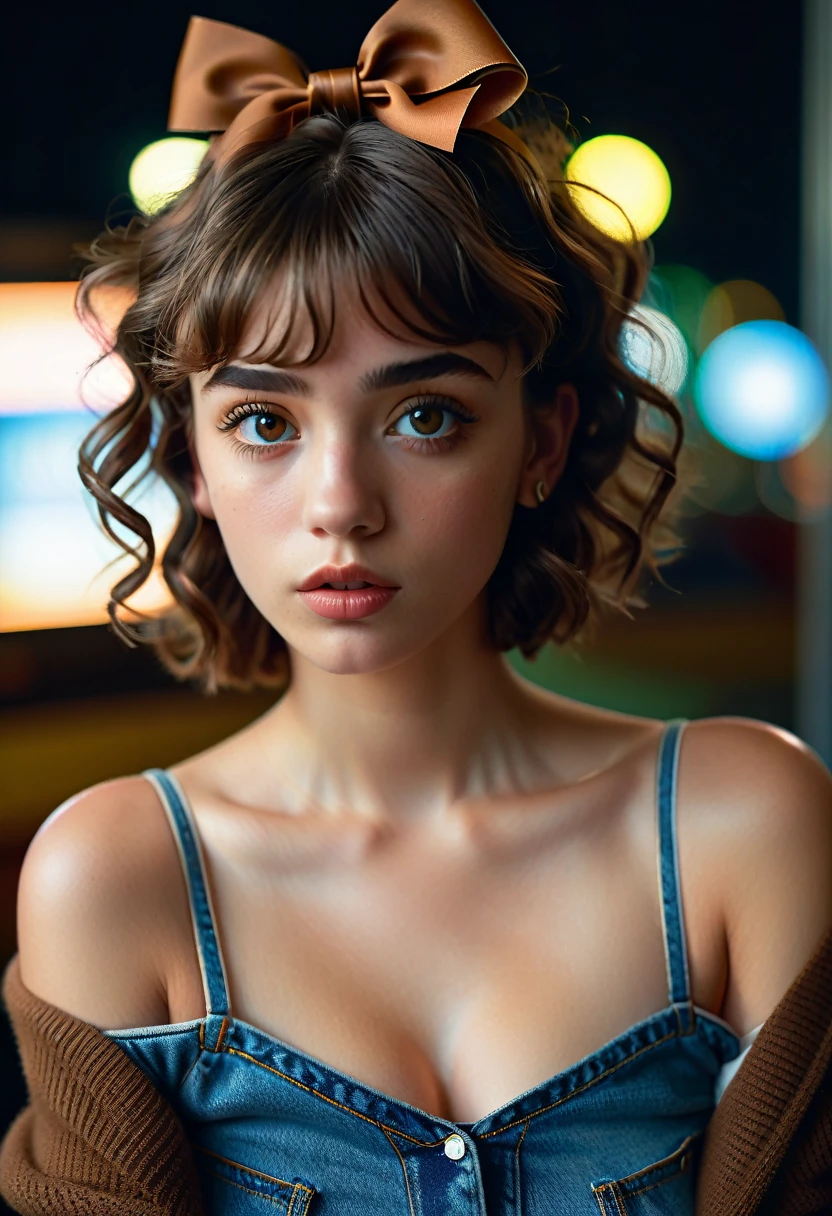 (best quality, 4k, highres, highres face details), illustration, style of Philip Lorca diCorcia, cinematic film still portrait of young girl aged 18 yrs old, 1girl, solo, Instagram model, athletic figure, tan skin, perfect lips, fake lashes, modest bust size, deep cleavage, pretty face, wearing an off the shoulder brown sweater, wearing jean shorts, brown hair, short curly hair, crossed bangs, brown eyes, constricted pupils, hair ribbon, hoop earrings, cinematic lighting, Ultra-Wide Angle, Canon, Hyperrealism, UHD, masterpiece, textured skin, high details, best quality, detailed eyes, detailed iris, whole body image