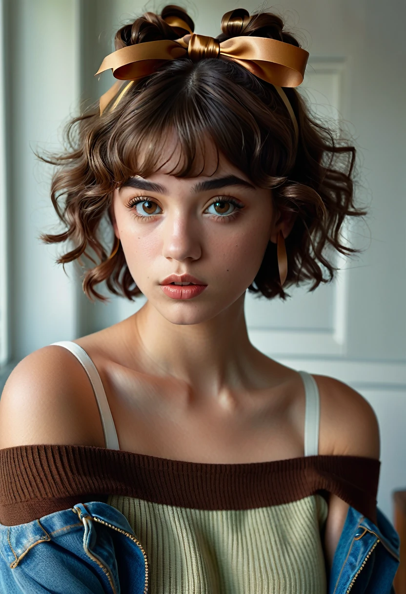 (best quality, 4k, highres, highres face details), illustration, style of Philip Lorca diCorcia, cinematic film still portrait of young girl aged 18 yrs old, 1girl, solo, Instagram model, athletic figure, tan skin, perfect lips, fake lashes, modest bust size, deep cleavage, pretty face, wearing an off the shoulder brown sweater, wearing jean shorts, brown hair, short curly hair, crossed bangs, brown eyes, constricted pupils, hair ribbon, hoop earrings, cinematic lighting, Ultra-Wide Angle, Canon, Hyperrealism, UHD, masterpiece, textured skin, high details, best quality, detailed eyes, detailed iris, whole body image